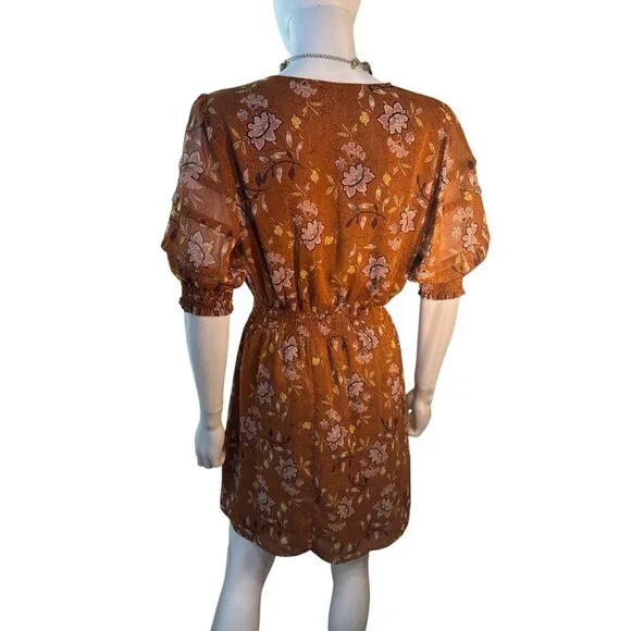 Collective Concepts Floral Rust Dress  Size S  3/4 Smocked Sleeves EUC - Picture 4 of 6